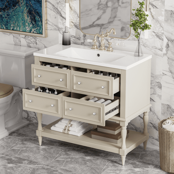 36" Bathroom Vanity with Resin Sink, Freestanding Bathroom Vanity Cabinet with 4 Drawers and Soft Closing Doors, Beige