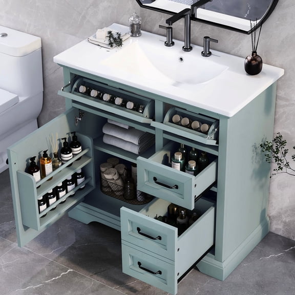 36" Bathroom Vanity with Sink | Chrome-Finish Overflow in Sink | Solid Wood and Painted MDF | Prevents Water Spills