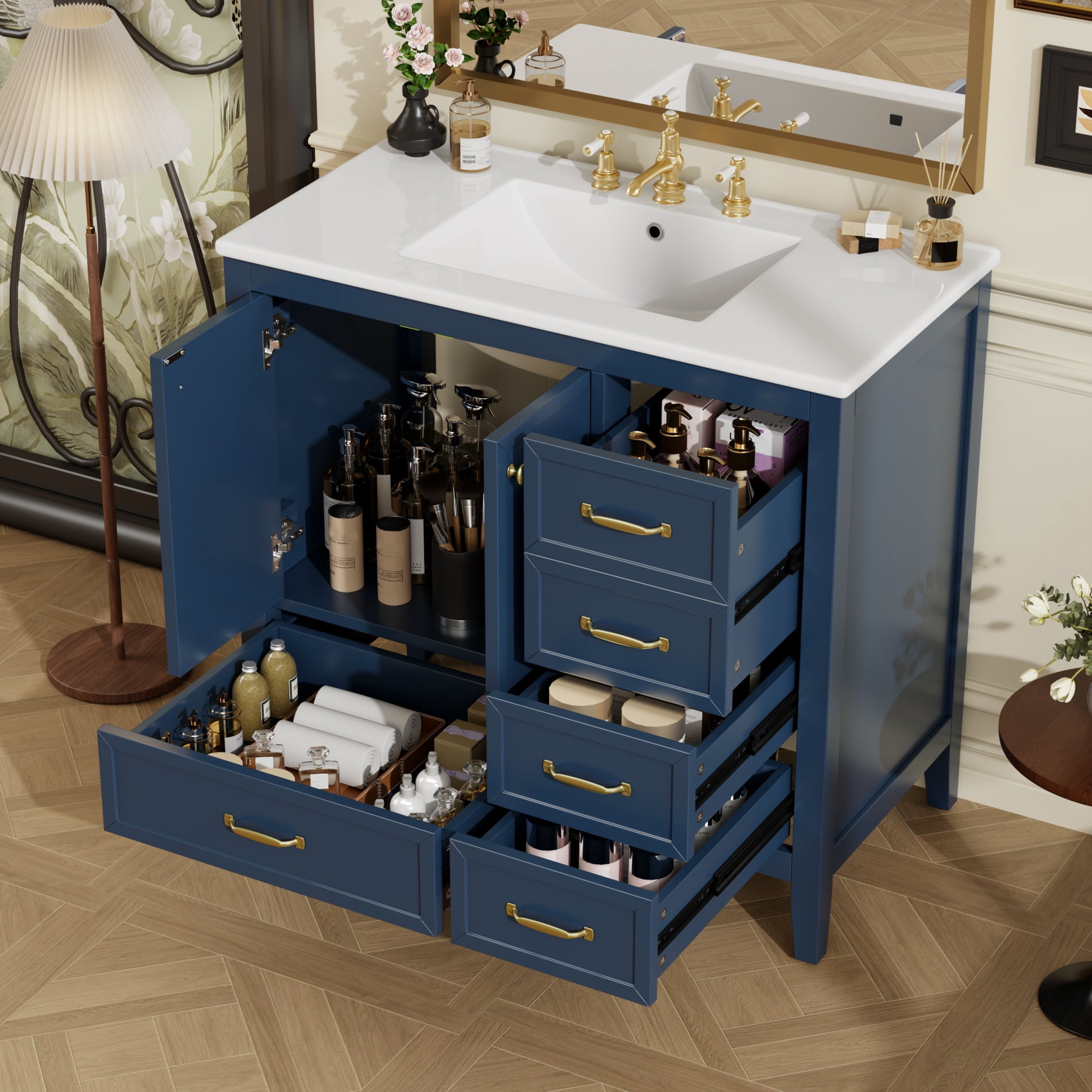 36" Bathroom Vanity with Sink Combo, Freestanding Bathroom Storage Cabinet with 4 Drawers and 2 Soft Closing Doors, Solid Wood Frame, Blue