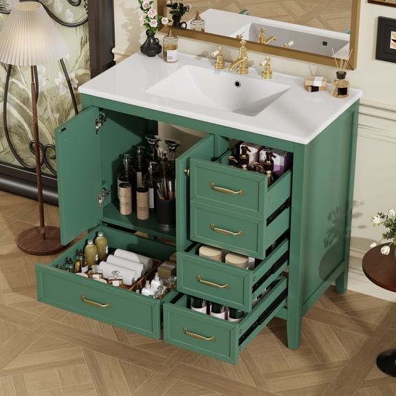 36" Bathroom Vanity with Sink Combo, Freestanding Bathroom Storage Cabinet with 4 Drawers and 2 Soft Closing Doors, Solid Wood Frame, Green