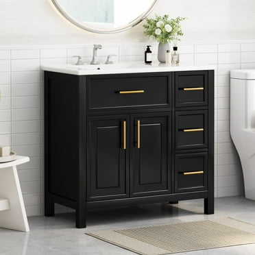 36" Bathroom Vanity with Sink Combo, Modern Bathroom Vanity Cabinet with 3 Drawers and Ceramic Sink, Small Single Bathroom Cabinet Set