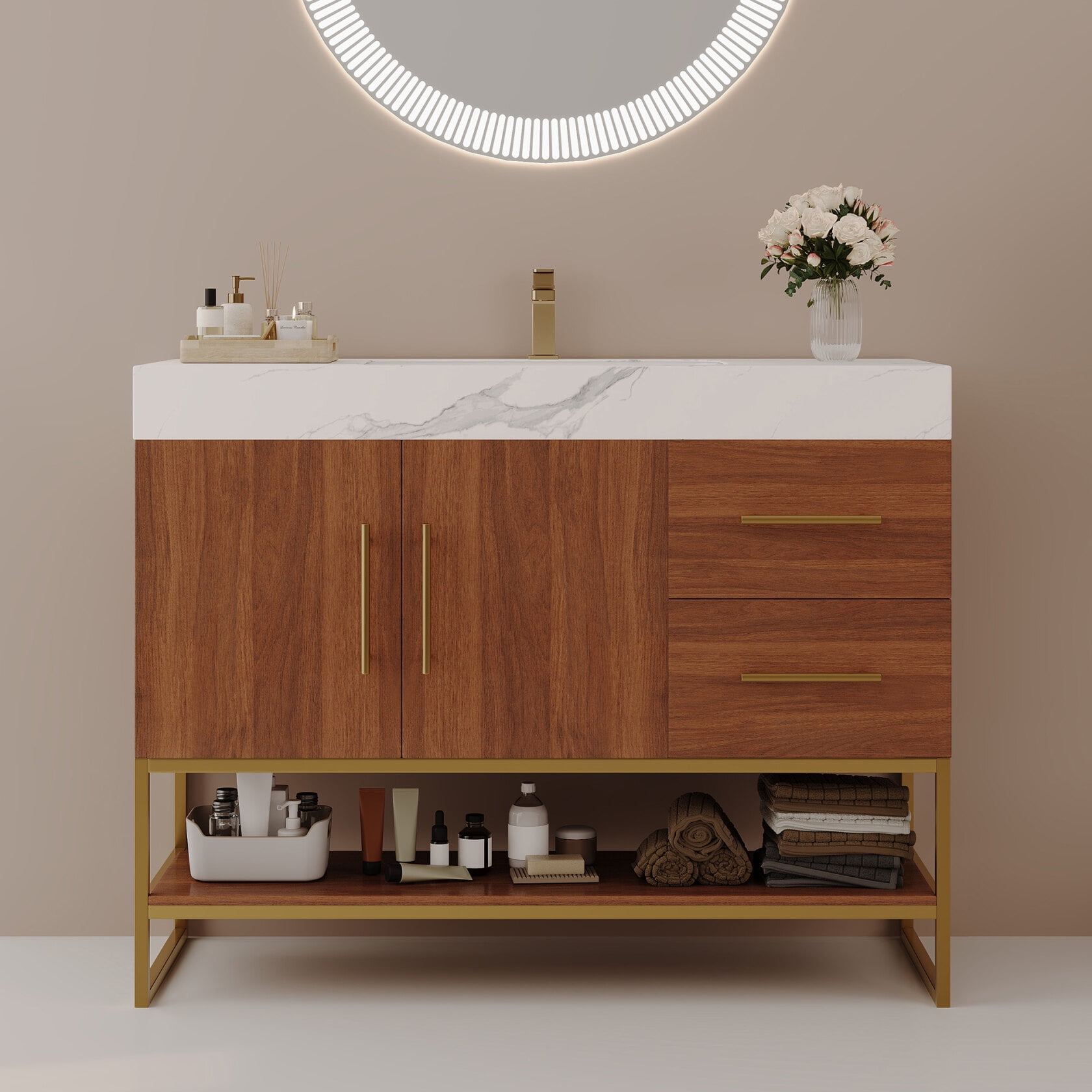 36" Bathroom Vanity with Sink, Freestanding Bathroom Storage Vanity Cabinet with 2 Soft Closing Doors, 2 Drawers and Storage Shelf, Walnut