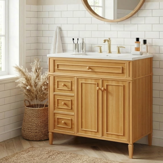 36" Bathroom Vanity with Sink, Modern Vanity Cabinet with Flip-Out Drawer, 3 Drawers, 2 Soft-Close Doors and Rubber Wood Handles, Natural Wood