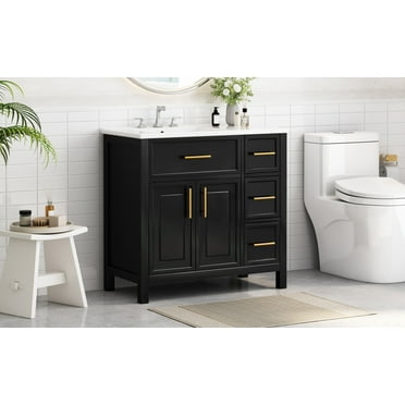 36" Bathroom Vanity with Sink Top, Modern Bathroom Storage Cabinet with Two Doors and Three Drawers, Bathroom Vanity Cabinet, Black
