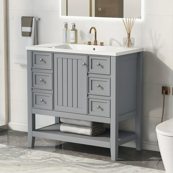 36" Bathroom Vanity with Sink Top & a Storage Table Below, Bathroom Vanity Cabinet with One Doors and Three Drawer, MDF Boards, Solid Wood, Grey