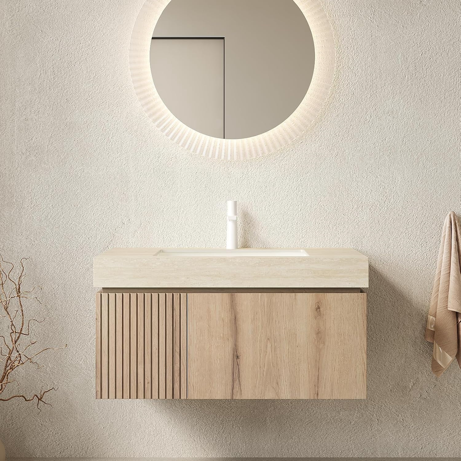 36" Bathroom Vanity with Sink, Wall Mounted with Drawer and Door, Roma Travertine-Pattern Countertop and Ceramic Basin, Pre-Assembled Cabinet