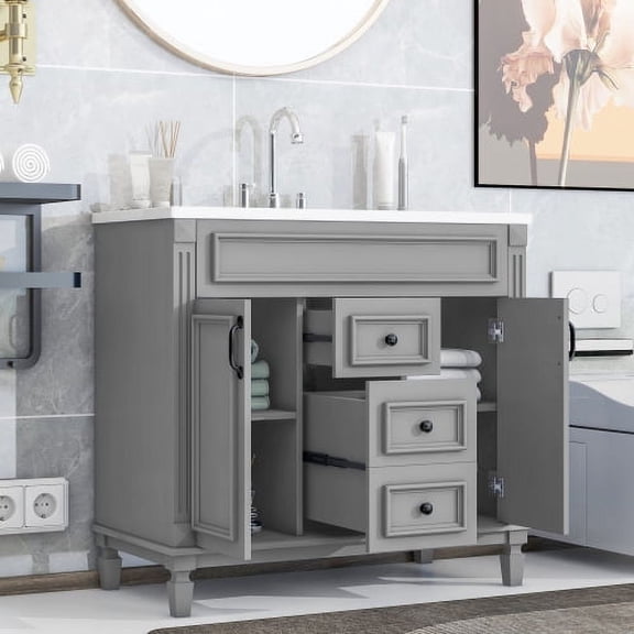 36" Bathroom Vanity with Sink, Waterproof MDF & Solid Wood, Modern Storage Cabinet with Soft Close Doors/Drawers, Gray