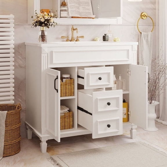36" Bathroom Vanity with Sink, Waterproof MDF & Solid Wood, Modern Storage Cabinet with Soft Close Doors/Drawers, White