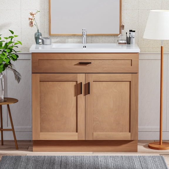 KZElegy 36" Bathroom Vanity with Ceramic Sink Freestanding Vanity Sink Storage Cabinet with 2 Soft Closing Doors,Large Edge Style