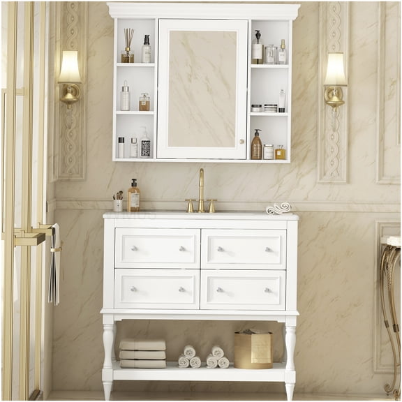 36" Bathroom Vanity with Sink and Mirror Cabinet, White Storage Vanity with 4 Drawers, Solid Wood Construction for Lasting Use