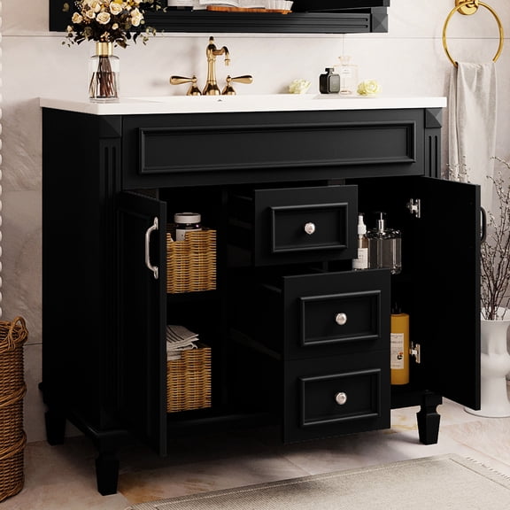 36'' Bathroom Vanity with Sink and Solid Wood Frame / Smooth Metal Slides for Smooth Function