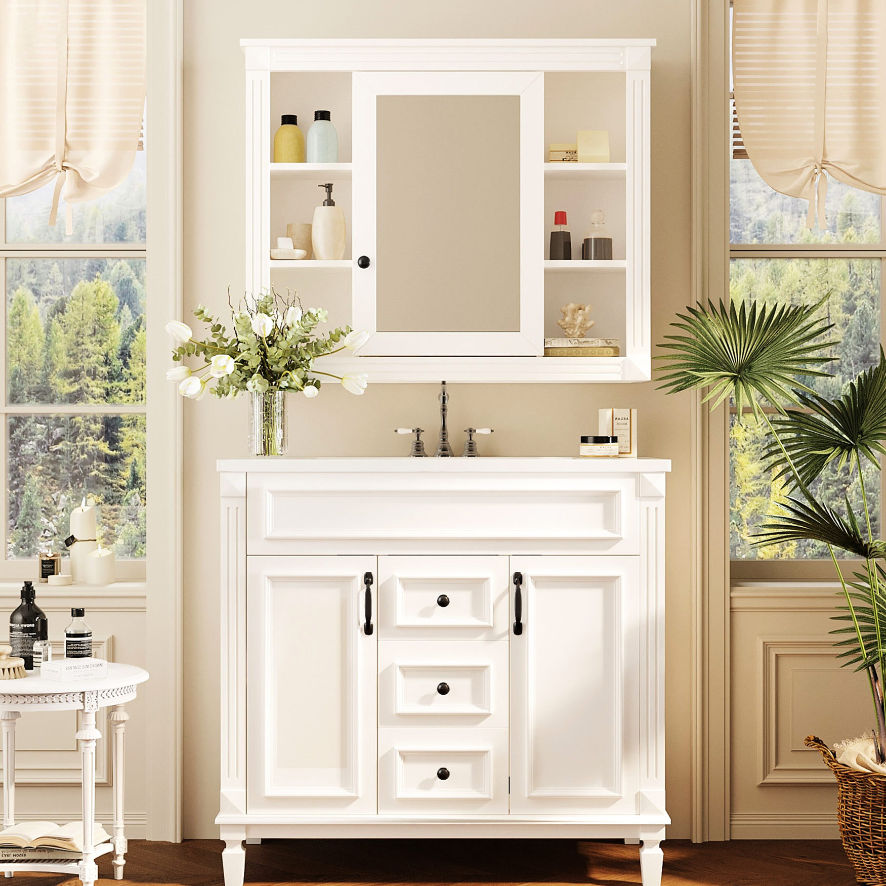 36'' Bathroom Vanity with Three-Hole Basin, Mirror and Storage Cabinet ...
