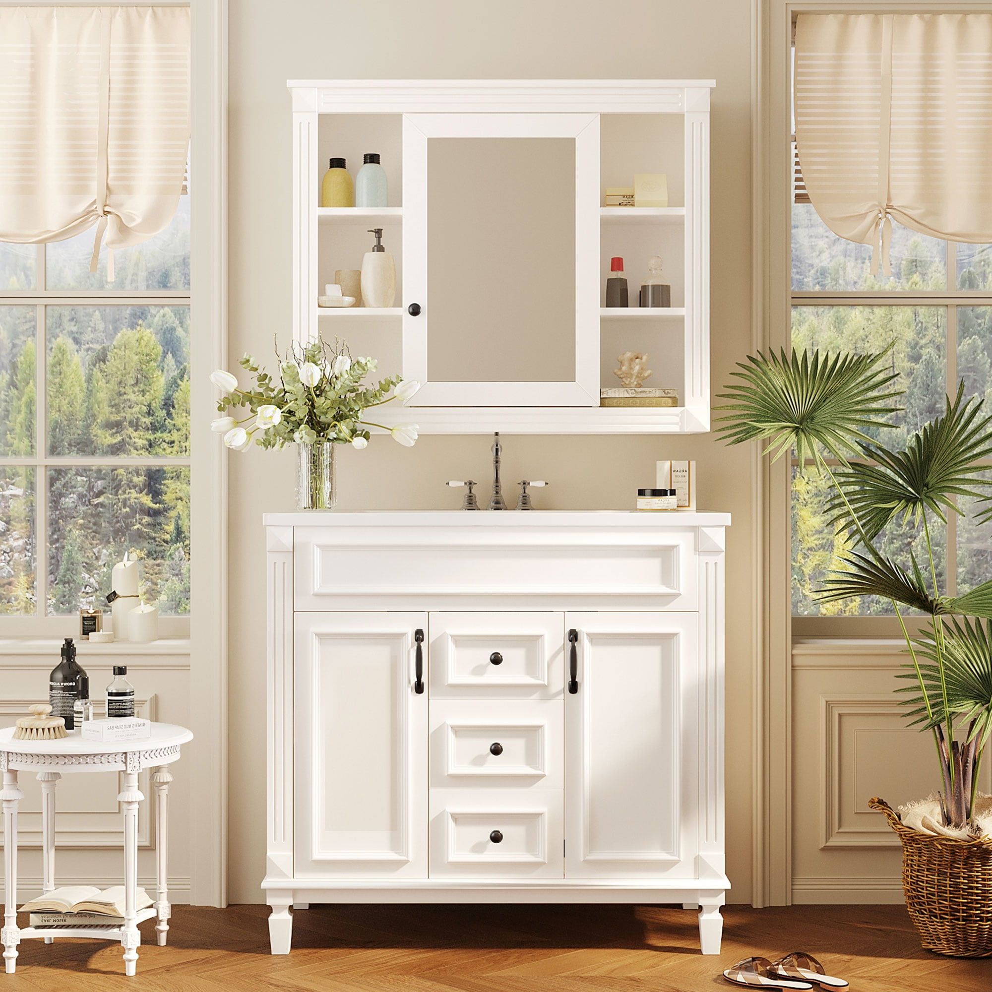36'' Bathroom Vanity with Top Sink, Mirror Cabinet, Modern Bathroom Storage Cabinet with 2 Soft Closing Doors and 2 Drawers, white