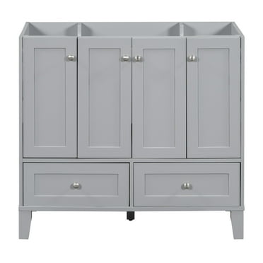 36'' Bathroom Vanity without Countertop, Solid Wood Frame Bathroom Storage Cabinet Only, Freestanding Vanity with 4 Soft Closing Doors& 2 Drawers, Grey