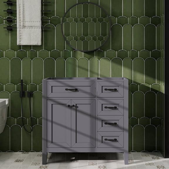 36" Bathroom Vanity without Sink, Cabinet Base Only, Bathroom Cabinet with Drawers, Solid Frame and MDF Board, Grey