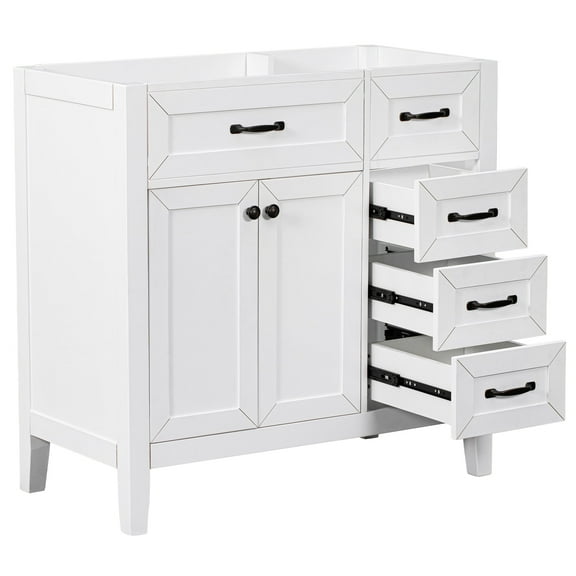 36" Bathroom Vanity Cabinet Base Only - No Sink, Solid Frame with Drawers, Durable MDF Board Construction-White