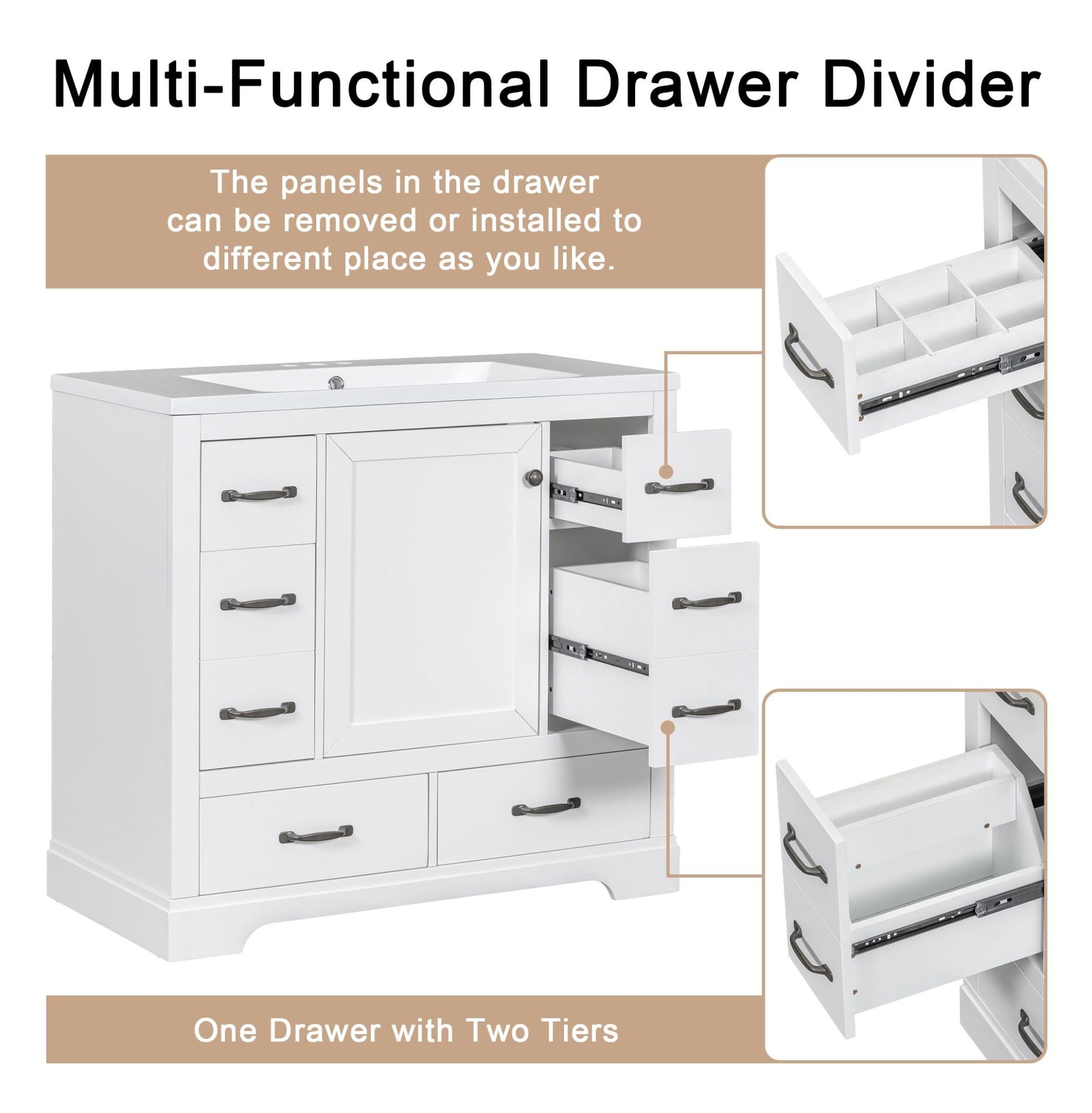 Flieks 36-Inch White Bathroom Vanity With Ceramic Sink & Six Drawers - Multi-Functional Divider, Adjustable Shelf