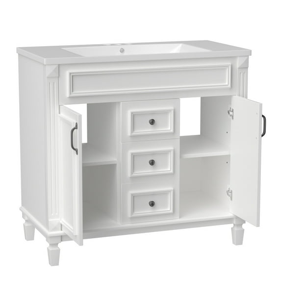 36" Bathroom Vanity without Top Sink, Solid Wood Frame Modern Bathroom Storage Cabinet with 2 Soft Closing Doors and 2 Drawers, Soft Closing Cabinet Door with Organizer, White