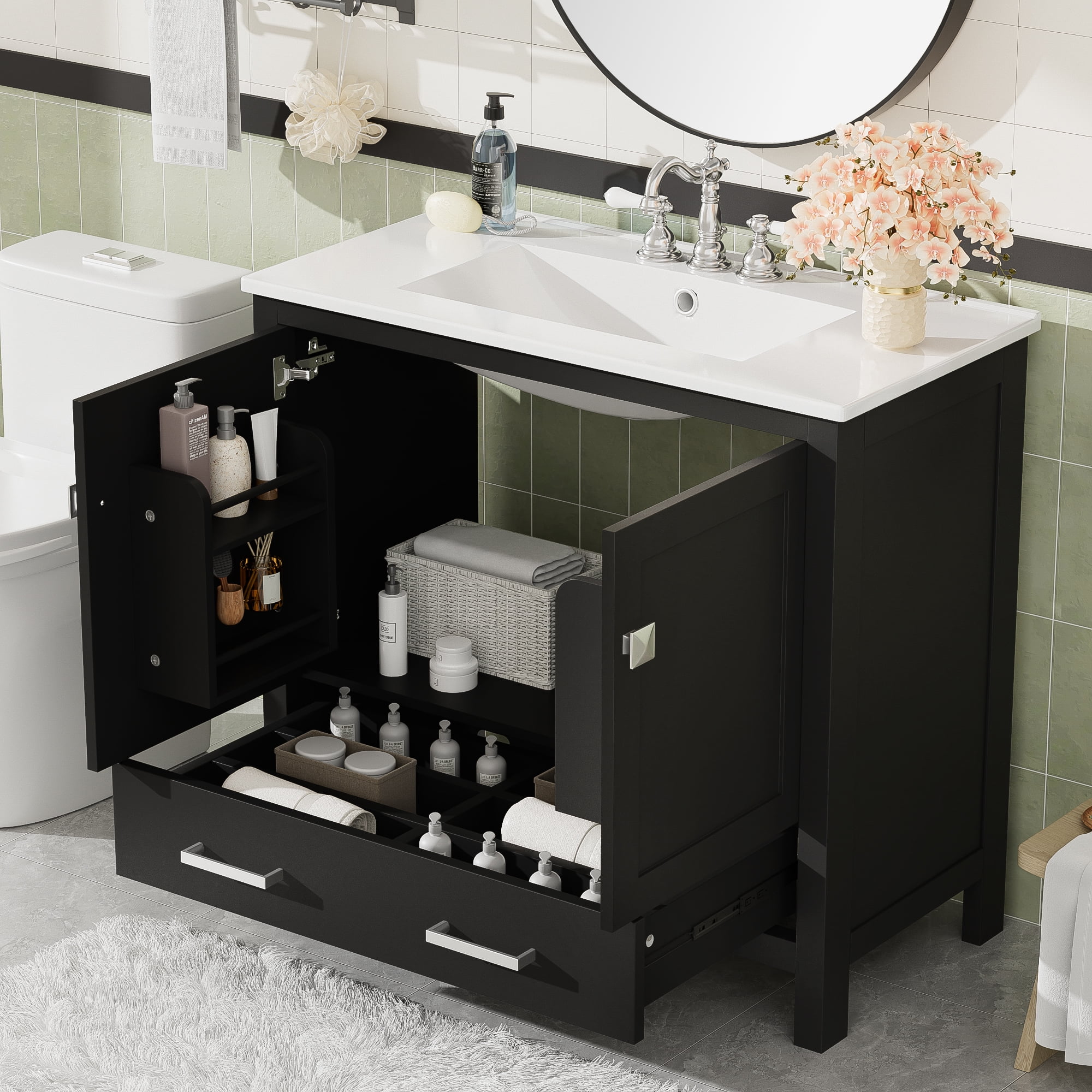 36" Black Bathroom Vanity with Ceramic Sink, Soft-Close Doors, Double ...