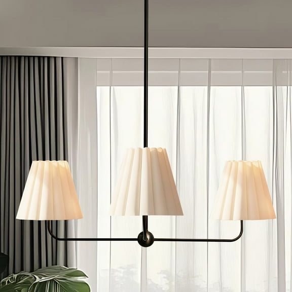 Classic Black Chandelier with White Linen Shade, 36 Inch Chandelier, Unique Elegant Ceiling Mounted Light, Ceiling Light over Kitchen Island, for Living Room, Dining Room