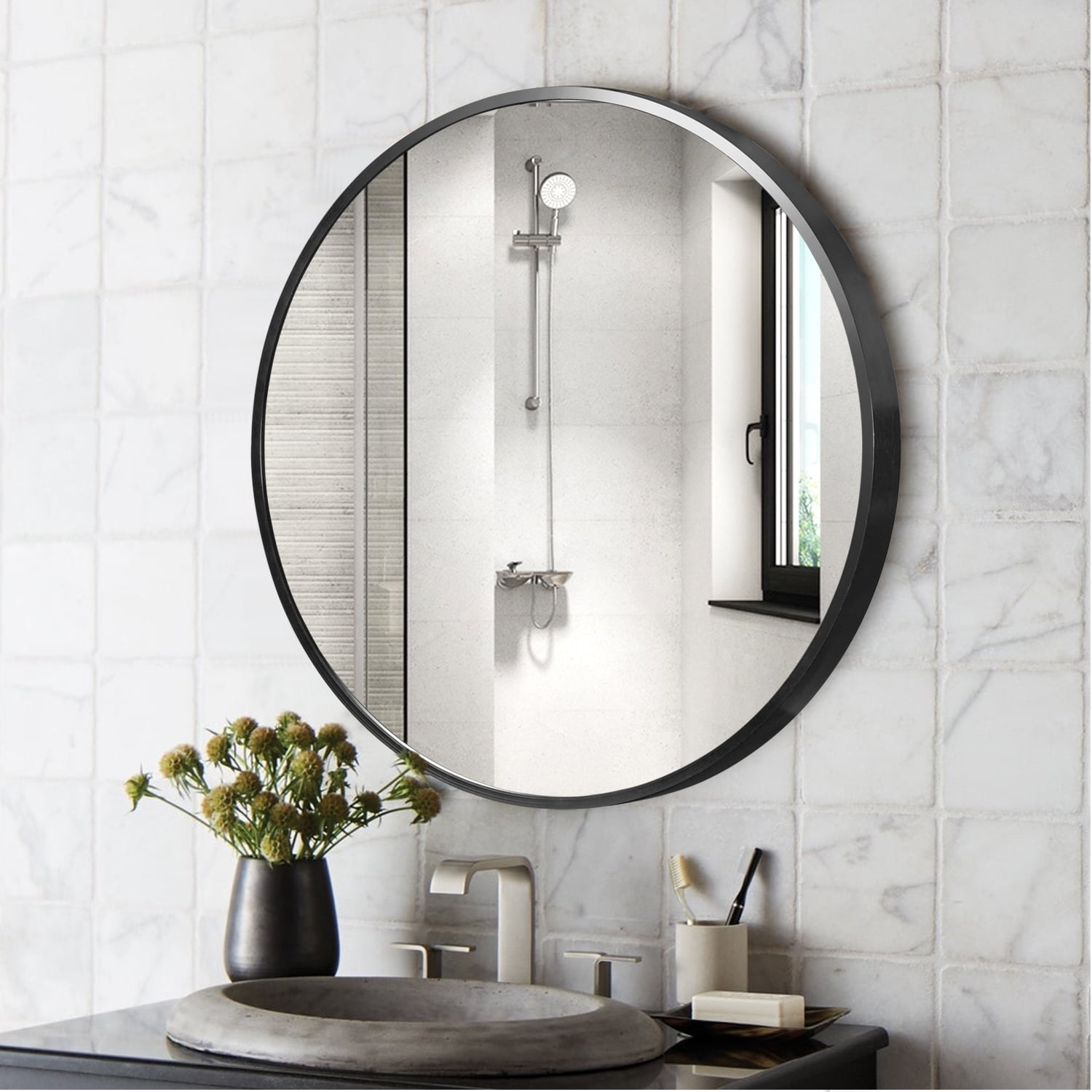 36" Black Round Wall Mirror Modern Accent Mirror Wall Decor Circle Mirror Aluminum Alloy Frame Bathroom Wall Mounted Mirror