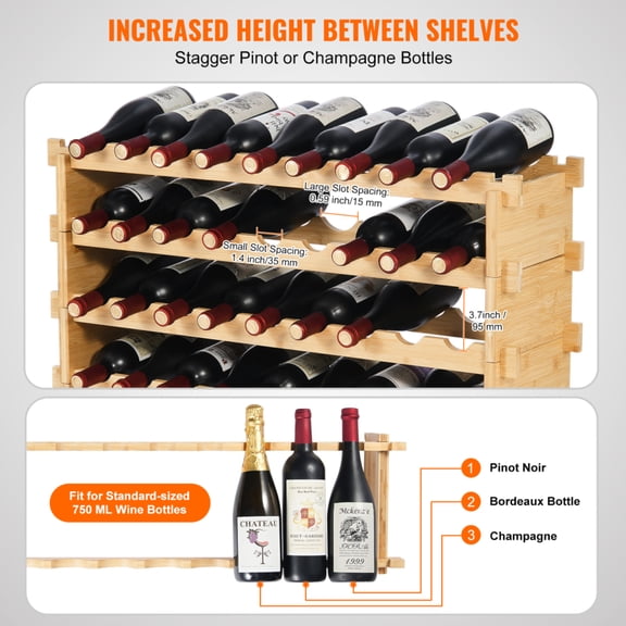 36-Bottle 4 Tier Stackable Bamboo Wine Rack Modular Wine Storage Display Shelf for Home Kitchen Bar Cellar
