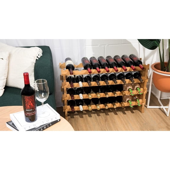 36 Bottle Large Wine Rack, Stackable & Modular Wine Storage Rack, Solid Bamboo Wine Holder Display Shelves, Wobble-Free (Four-Tier, 36 Bottle Capacity)
