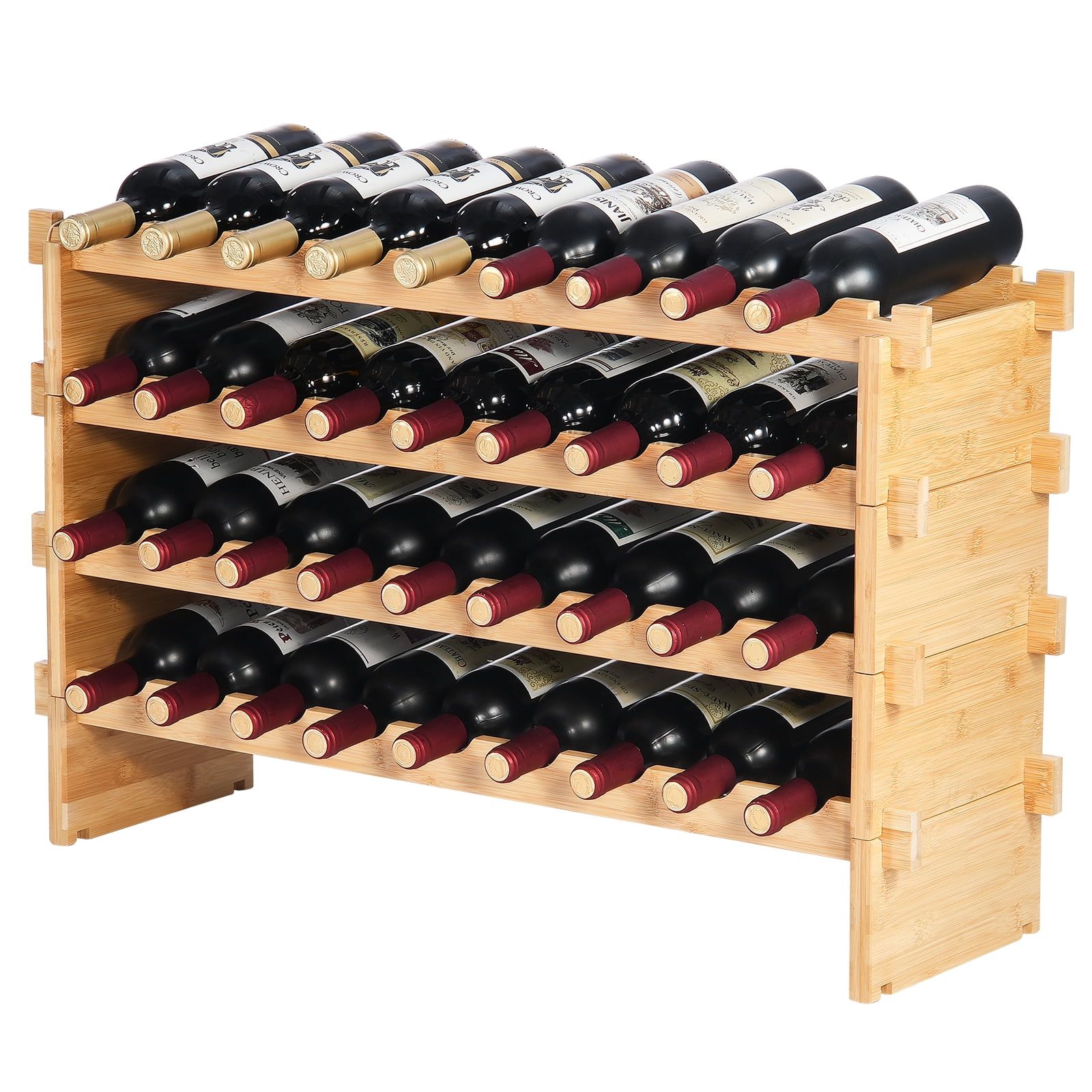 36-Bottle Stackable Bamboo Wine Rack 4-Tier Modular Display Shelf ...