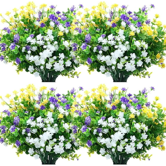 36 Bundles Artificial Flowers Outdoor, UV Resistant Faux Artificial Plants Shrubs Flower Bulk for Hanging Planter Porch Window Home Wedding Spring Summer Decor (Yellow, Purple, White)