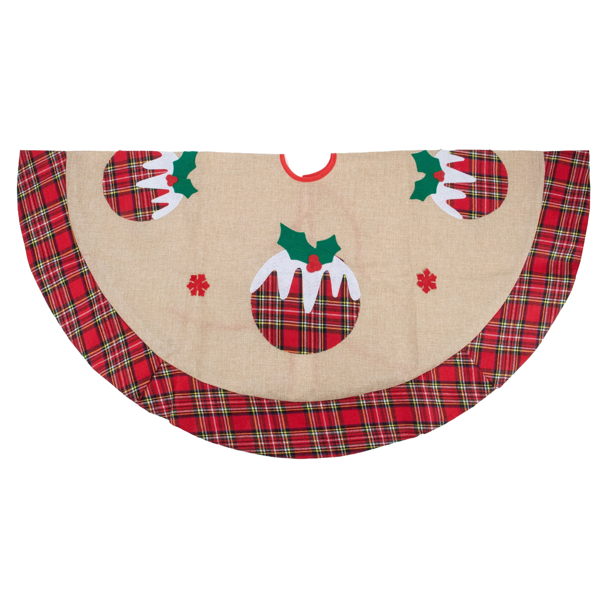 36" Burlap Plaid Tree Skirt with Christmas Puddings