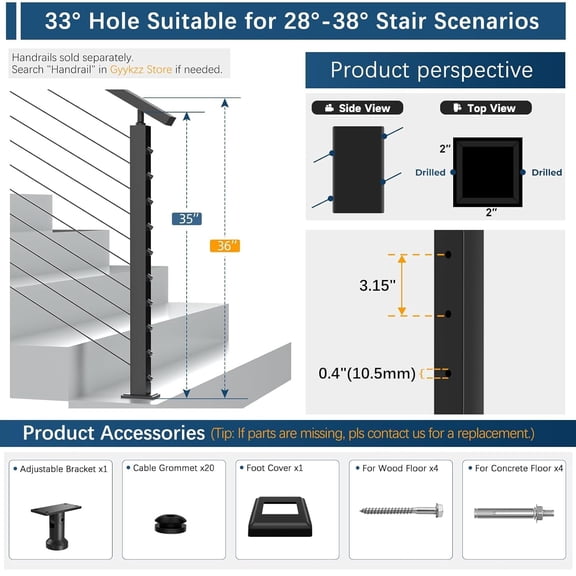 36" Cable Railing Stair Post Fit 28-38 Degree Stairway, Stainless Steel T304 Deck Post for Stair Railing System, Upgraded Black Powder Coated Wire Metal Post for Satir Indoor Outdoor