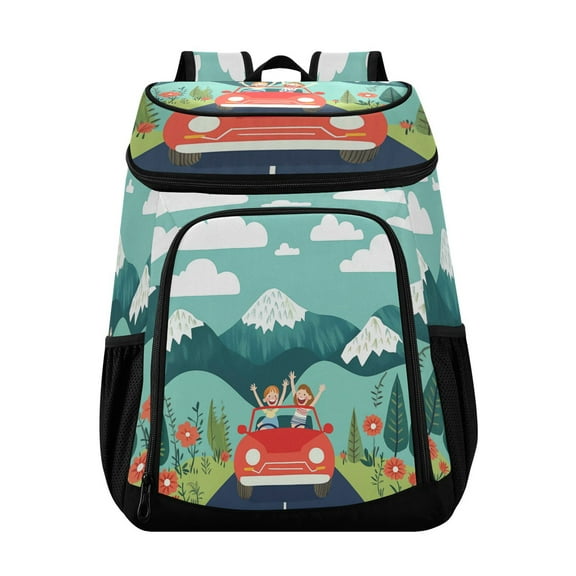 36 Can Capacity Insulated Backpack Cooler Lunch Bag for Picnics, Camping Green Mountains and Blue Sky