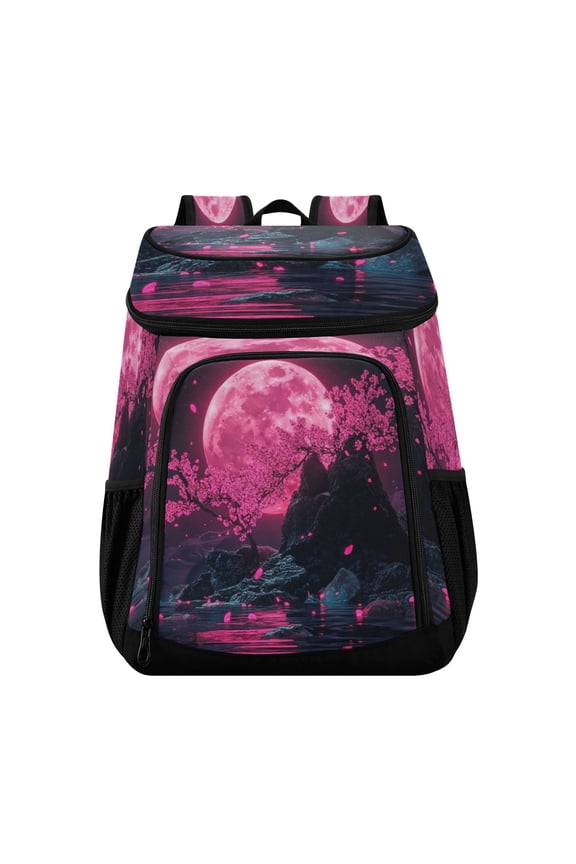 36 Can Capacity Insulated Backpack Cooler Lunch Bag for Picnics, Camping Pink Moon and Cherry Blossoms