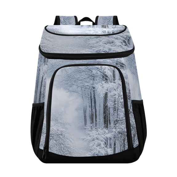36 Can Capacity Insulated Backpack Cooler Lunch Bag for Picnics, Camping Snowy Forest Scene
