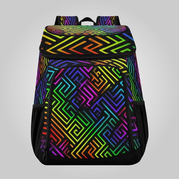 36 Can Large Insulated Backpack Cooler Leakproof Lunch Backpack with Multiple Pockets Waterproof Thermal Cooler Bag for Work, Picnic, Hiking, Camping & Outdoor Activities Rainbow Neon Labyrinth Print