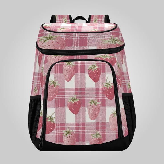 36 Can Large Insulated Backpack Cooler Leakproof Lunch Backpack with Multiple Pockets Waterproof Thermal Cooler Bag for Work, Picnic, Hiking, Camping & Outdoor Activities Pink Strawberry Plaid Print