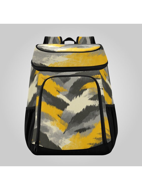 36 Can Large Insulated Backpack Cooler Leakproof Lunch Backpack with Multiple Pockets Waterproof Thermal Cooler Bag for Work, Picnic, Hiking, Camping & Outdoor Activities Brushstroke Yellow Grey Camo