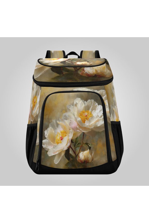 36 Can Large Insulated Backpack Cooler, Leakproof Lunch Bag for Work, Picnics, Hiking, Biking & Outdoor Activities, Reusable Travel Tote with Multiple Pockets Cream Peony Arrangement