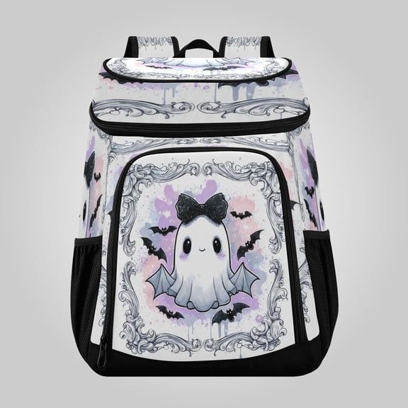 36 Can Large Insulated Backpack Cooler, Leakproof Lunch Bag for Work, Picnics, Hiking, Biking & Outdoor Activities, Reusable Travel Tote with Multiple Pockets Cute Black Bow Ghost