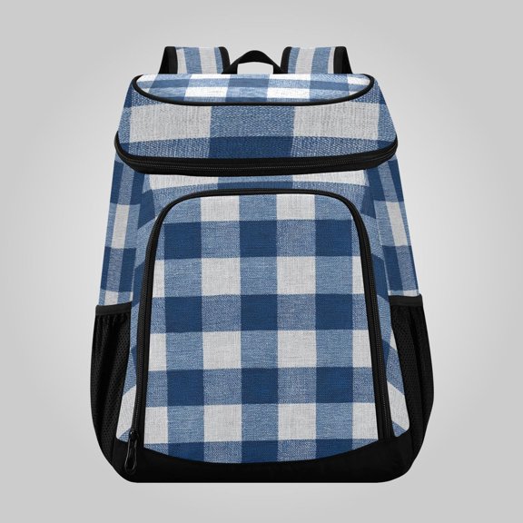 36 Can Large Insulated Backpack Cooler, Leakproof Lunch Bag for Work, Picnics, Hiking, Biking & Outdoor Activities, Reusable Travel Tote with Multiple Pockets Gray-blue Checkered