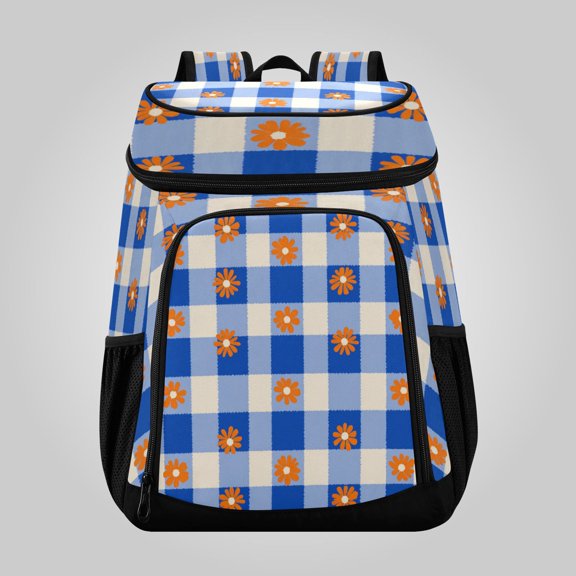 36 Can Large Insulated Backpack Cooler, Leakproof Lunch Bag for Work, Picnics, Hiking, Biking & Outdoor Activities, Reusable Travel Tote with Multiple Pockets Orange Flowers on Checkered Pattern