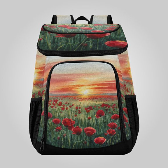 36 Can Large Insulated Backpack Cooler, Leakproof Lunch Bag for Work, Picnics, Hiking, Biking & Outdoor Activities, Reusable Travel Tote with Multiple Pockets Red Poppies