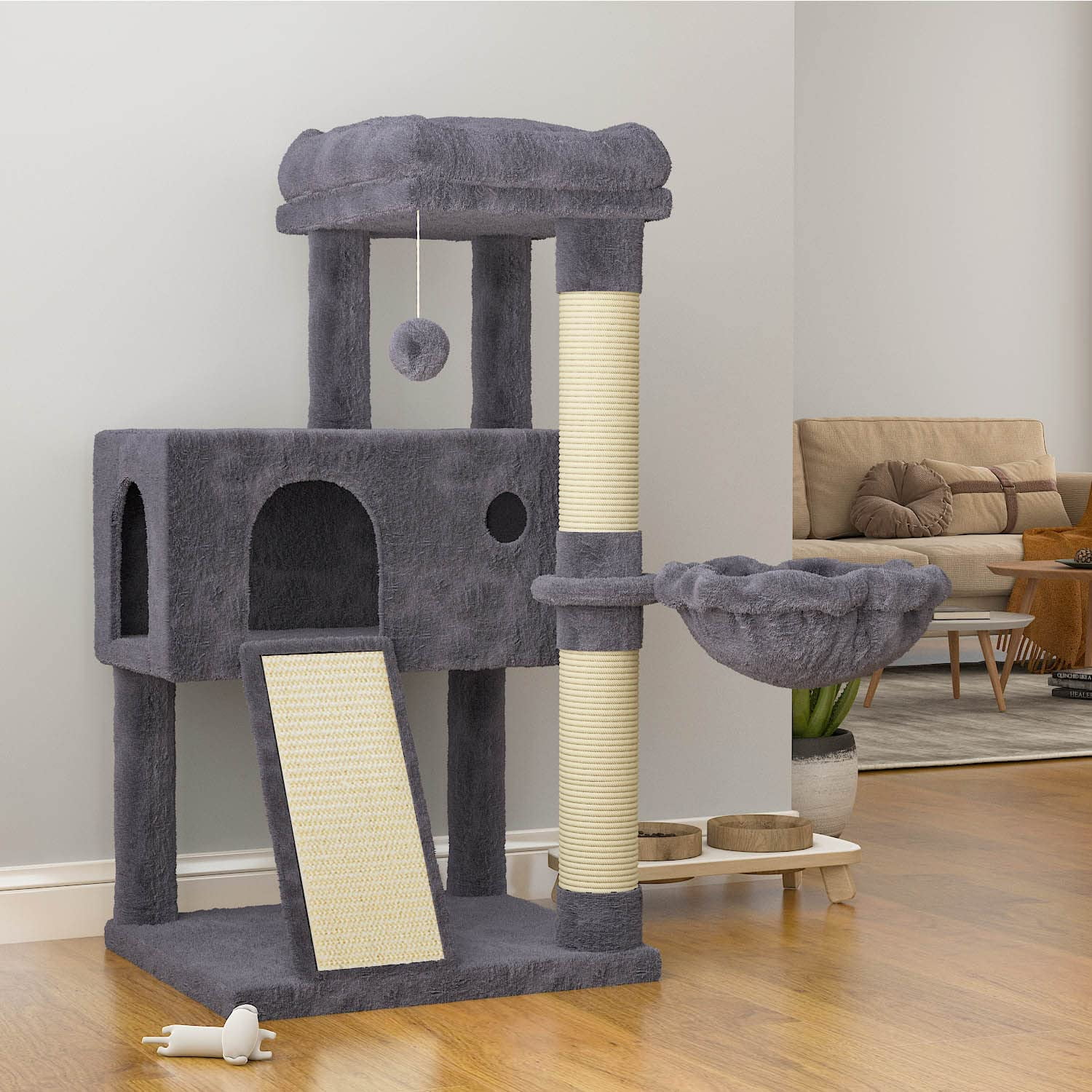 Smoky Grey 36" Multi-Level Cat Tree with Sisal Posts and Hammock