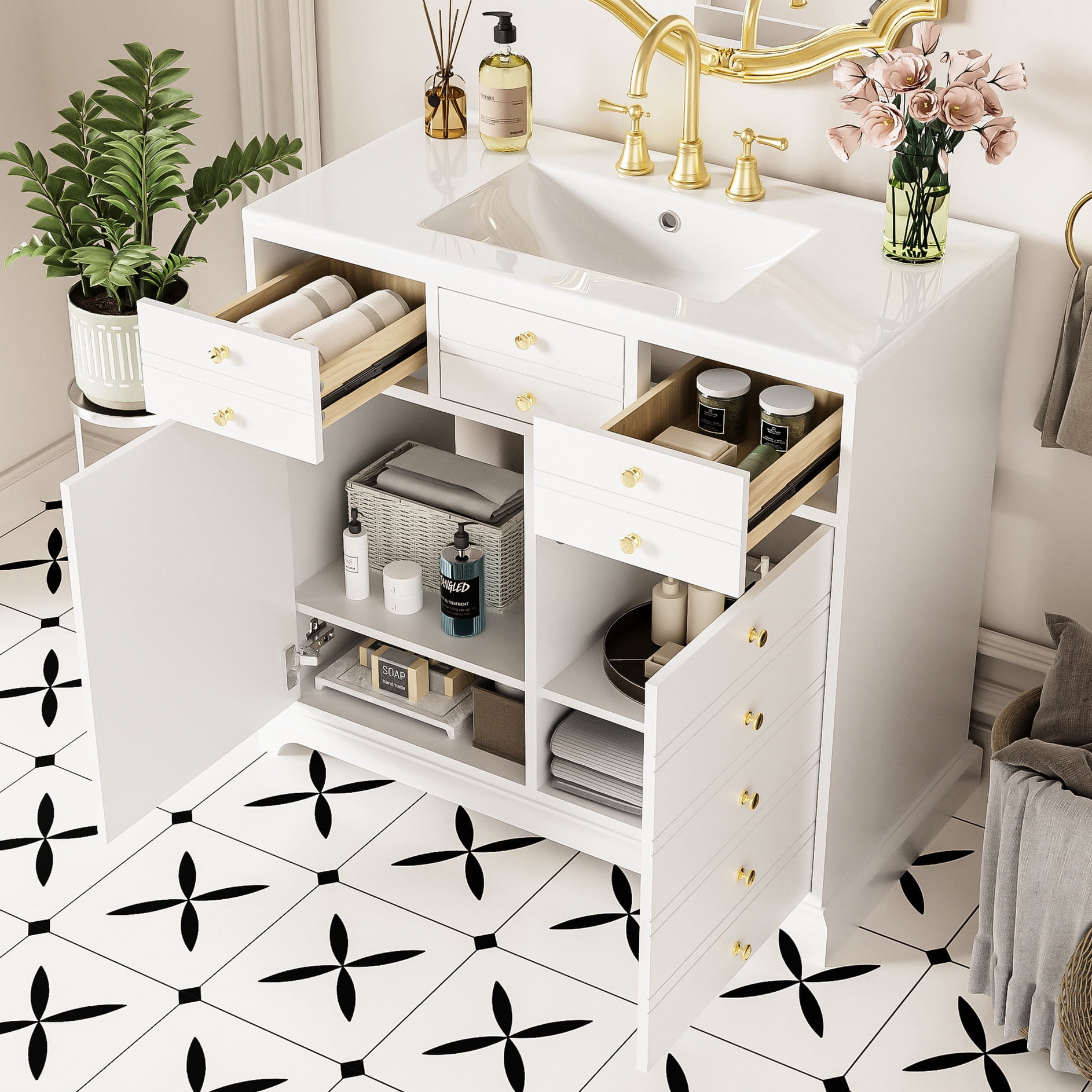 36'' Ceramic Sink Bathroom Vanity | 2 Full - extension Drawers for Easy ...