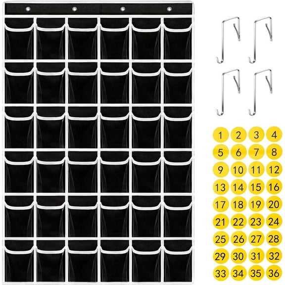 36 Clear Pockets Classroom Pocket Chart for Cell Phones,Pocket Chart Organizer for Calculator Holder with 36 Number Sticker Classroom Hanging Cell Phones Organizer (Black)
