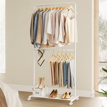 Adjustable Rolling Garment Rack - Chrome & White, 84-121cm Wide X 123.5-163cm High