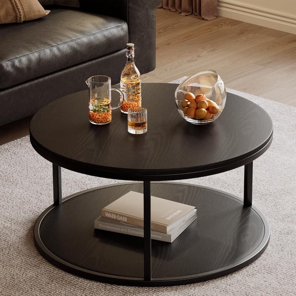 36" Coffee Tables with Storage, 2-Tier Round Coffee Table, Center Table for Living Room, Furniture for Small Spaces, Black