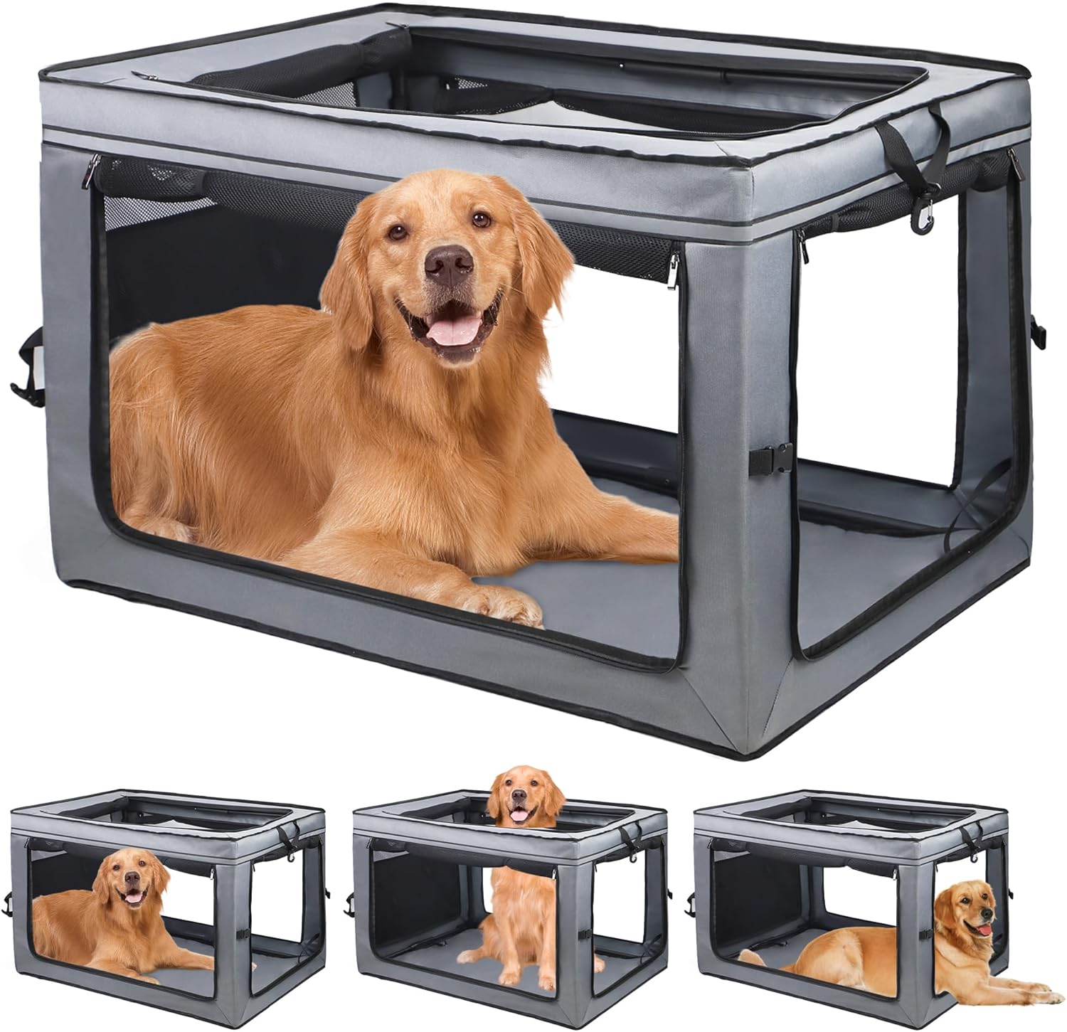 36 in Collapsible Foldable Dog Crate, 2-Window 3-Door Collapsible Soft ...