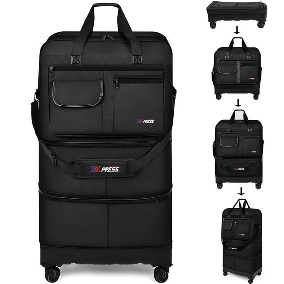 36" Collapsible Suitcases with Wheels,Expandable Foldable Luggage Bag with Hardshell Base Case,Large Capacity Rolling Travel Bag for Home Storage Moving Abroad,JM-Black