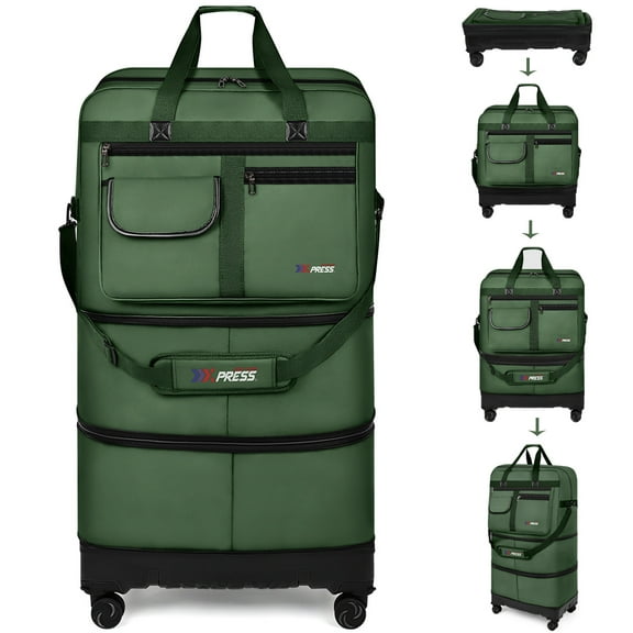 36" Collapsible Suitcases with Wheels,Expandable Foldable Luggage Bag with Hardshell Base Case,Large Capacity Rolling Travel Bag for Home Storage Moving Abroad,JM-Green